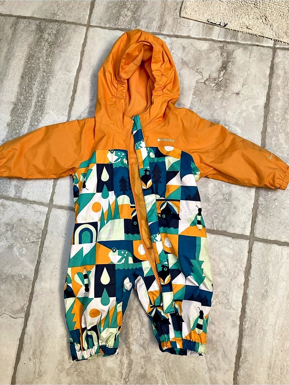 Columbia Baby Hooded Printed Raincoat One-Piece 3-6M Orange & Green